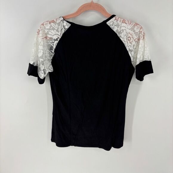 Meaneor Women's Black Lace Raglan Short Sleeve Casual T-Shirt NWT - Picture 5 of 5
